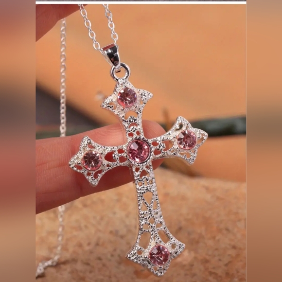 Elegant Sparkle Pink  Cross Necklace - Picture 3 of 6